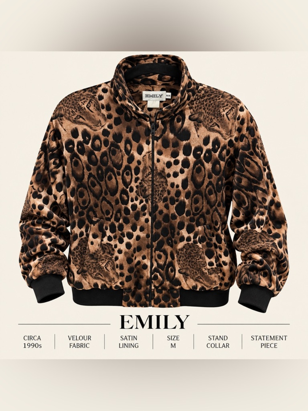 EMILY Vintage Leopard Velour Bomber Jacket – Size M women’s